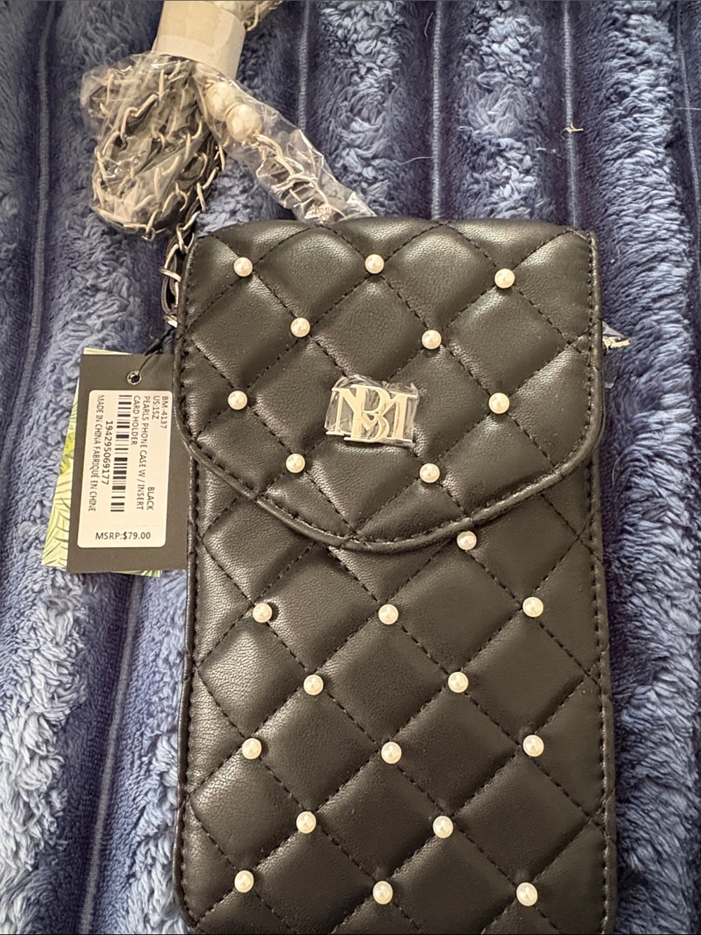 Badgley Mischka Black Quilted Crossbody Phone Case with Pearl Accents